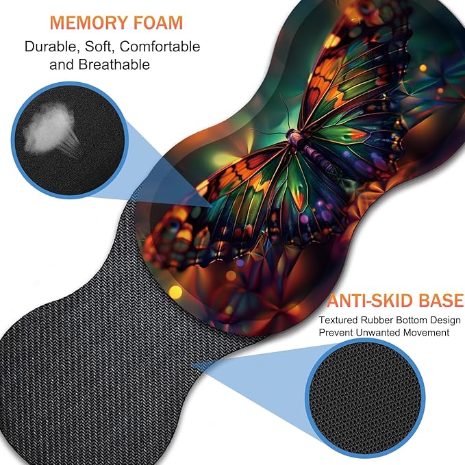 Extended Non-Slip Mouse Pad + Mouse Wrist Rest + Lace-Shaped Coaster Set Ergonomic Design Suitable for Desk and Home Gaming Table Mat Psychedelic Butterfly
