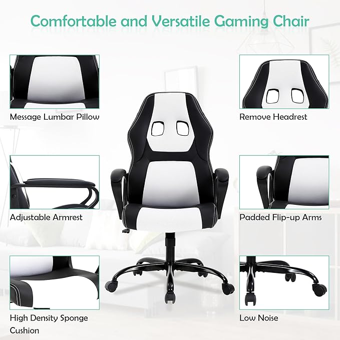 Massage Gaming Chair Gaming Chair with Massager Massage Lumbar Support Gaming Chairs for Adults Office Gaming Chair with 360°Swivel Comfortable Gaming Chair with Height Adjustable White &amp Bl