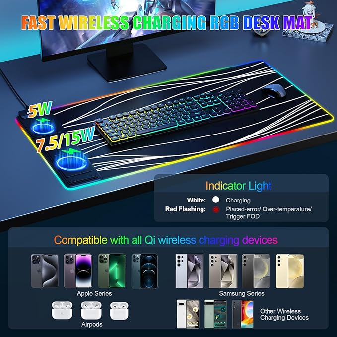 Mouse Pad with Foldable Phone Holder Wireless Charging Desk Mat RGB Gaming Mousepad Large Desk Pad with Non-Slip Base Waterproof Keyboard Pad Classic Black (XXL Stand Wavy)