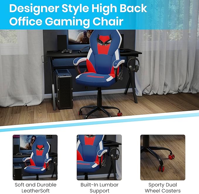 Flash Furniture Stone Ergonomic PC Office Computer Chair - Adjustable Red &amp Blue Designer Gaming Chair - 360° Swivel - Red Dual Wheel Casters
