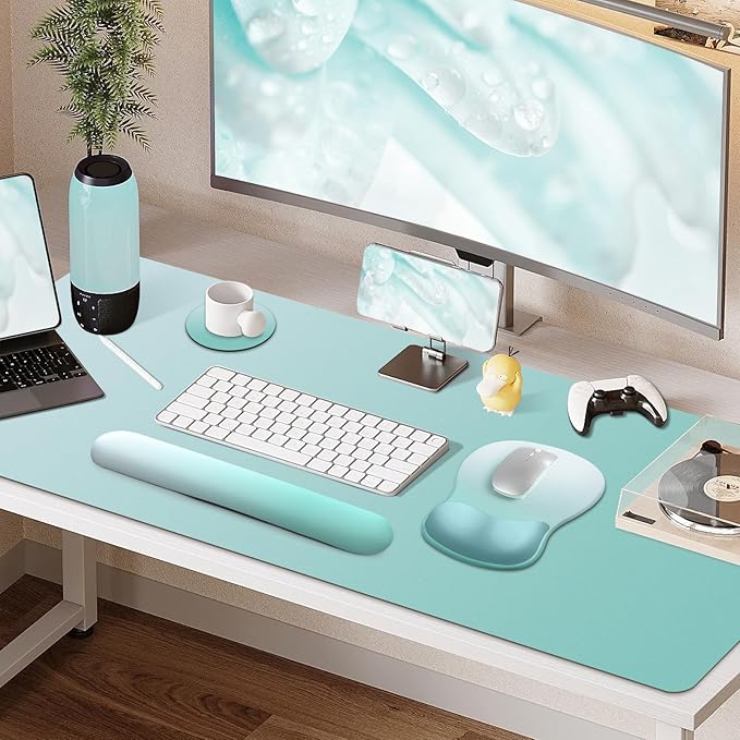4-in-1 Large Gaming Mouse Pad Keyboard Wrist Rest Pad &amp Wrist Support Mousepad Set Extended Desk Pad Waterproof Desk Mat Protector for Home Office Decor Study Game 35.4×15.7 Inches I Mint Green