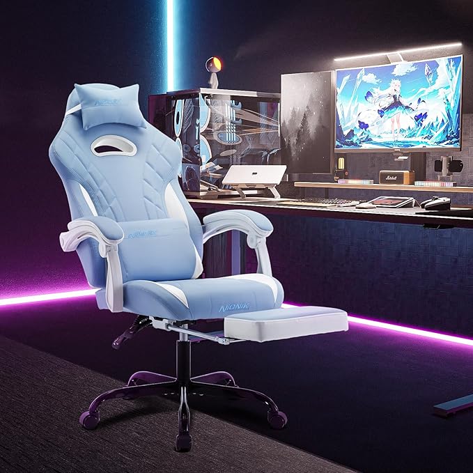 Gaming Chair with Footrest and Massage Lumbar Support Ergonomic Computer Gamer Chair Office Video Game Chairs (Cyan White)
