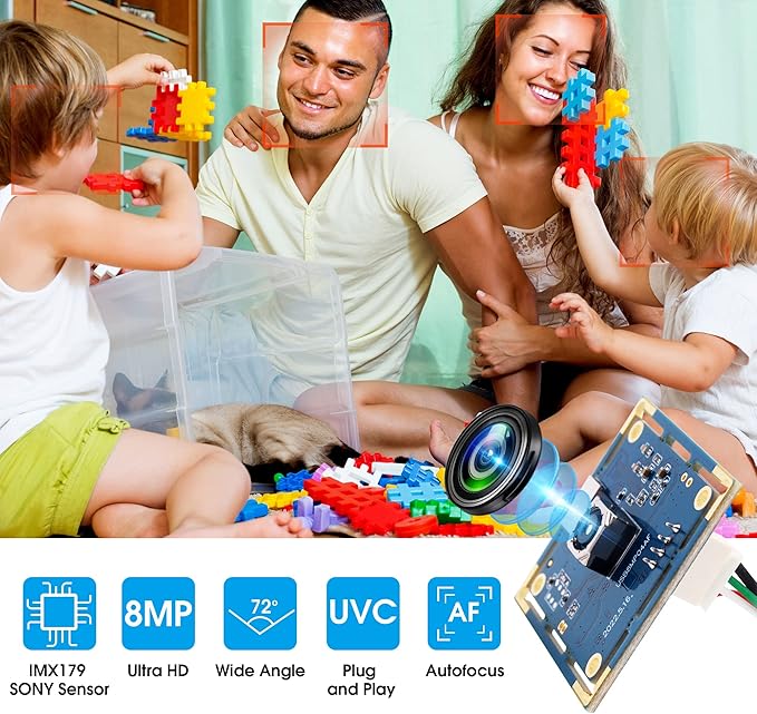 Autofocus USB Camera 8MP 4K Camera Module with 72° Distortion Free LensPlug and Play UVC USB2.0 for PC ComputerCompatible with Windows LinuxIdeal for Industrial Security Video Surveillance