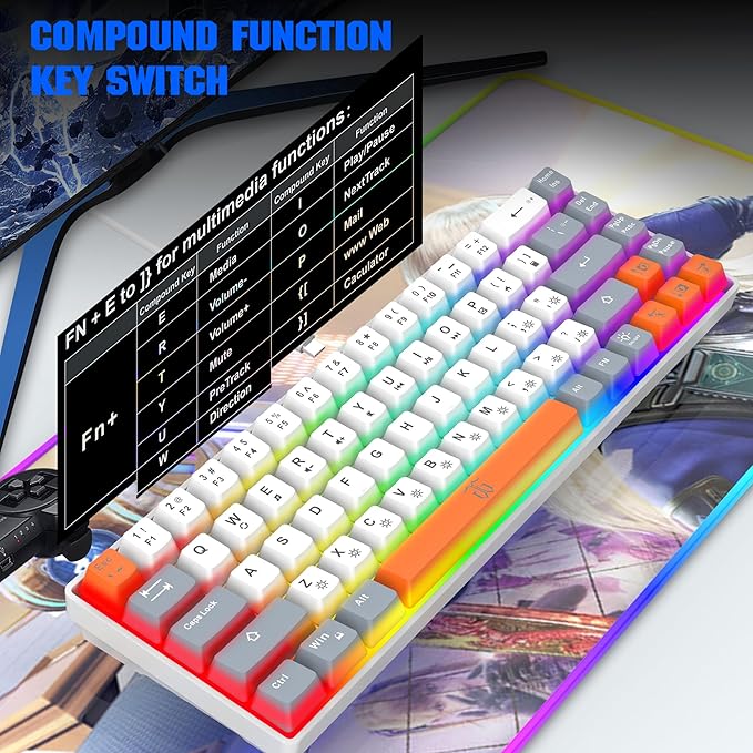 Snpurdiri 60% Percent Gaming Keyboard Ergonomic Compact RGB Backlit Small Gaming Keyboard for Windows PC Laptop (68 Keys White-Grey-Orange)
