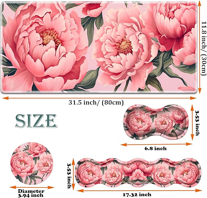 Large Gaming Mouse Pad + Keyboard Wrist Rest + Wrist Support + Coaster Set Memory Foam Ergonomic for Easy Typing XXL Extended Gaming Mouse Pad Table Pad - Art Pink Flowers