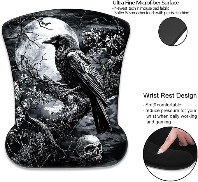 Mouse Wrist Rest and Keyboard Wrist Rest Pad+ Coaster Set Non-Slip Rubber Base Smooth Surface Ergonomic Gaming Mouse Pad for Easy Typing and Pain Relief Crow Skull