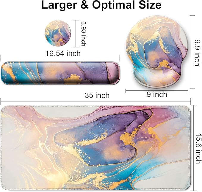 Mouse Pad + Desk Mat + Keyboard Wrist Rest + Coaster 4 in 1 Set Cute Ergonomic Large Gaming Mousepad with Wrist Rest Support Desk Pad for Computer Laptop Office Home Decor-Marble 3