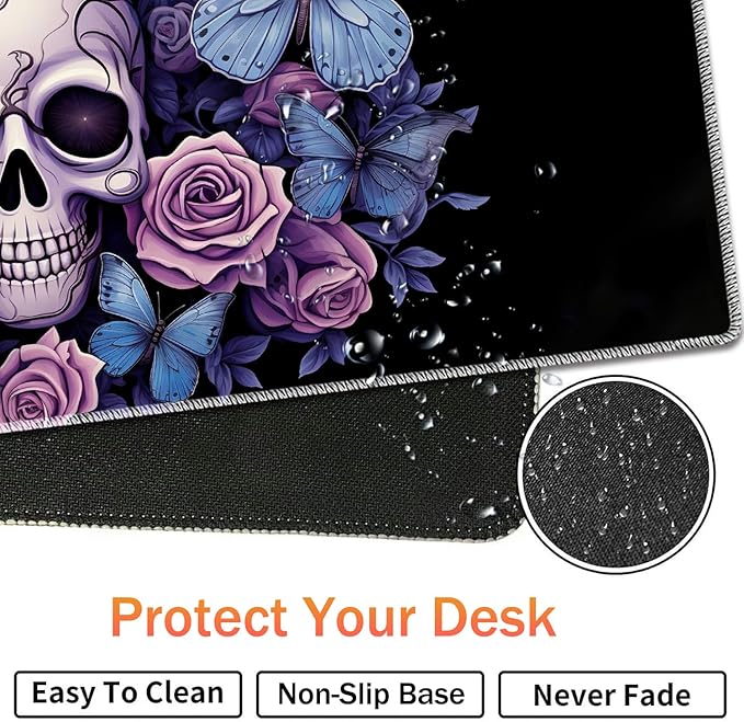 Extended Non-Slip Mouse Pad + Mouse Wrist Rest + Lace-Shaped Coaster Set Ergonomic Design Suitable for Desk and Home Gaming Table Mat Skull Butterfly Roses