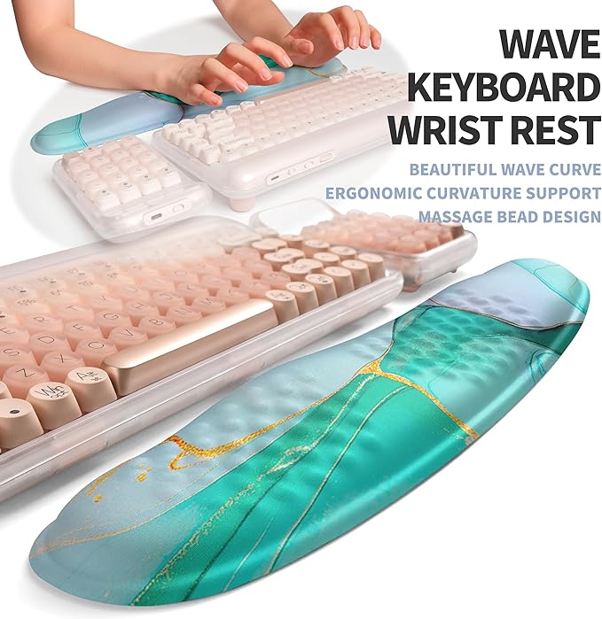 2-in-1 Ergonomic Set Wave Keyboard Wrist Rest and Massage Slope Mouse Pad Wrist Support Rebound Memory Foam for Relieve Carpal Tunnel Syndrome and Wrist Pain (Green Gold Marble)