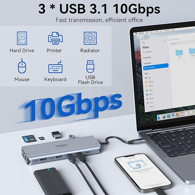 USB C Docking Station Dual Monitor Selore 13-in-1 Triple Monitor with Dual HDMI DP 100W PD Gigabit Ethernet 10Gbps USB A/C Ports -Laptop Docking Stations for Dell HP Lenovo MacBook