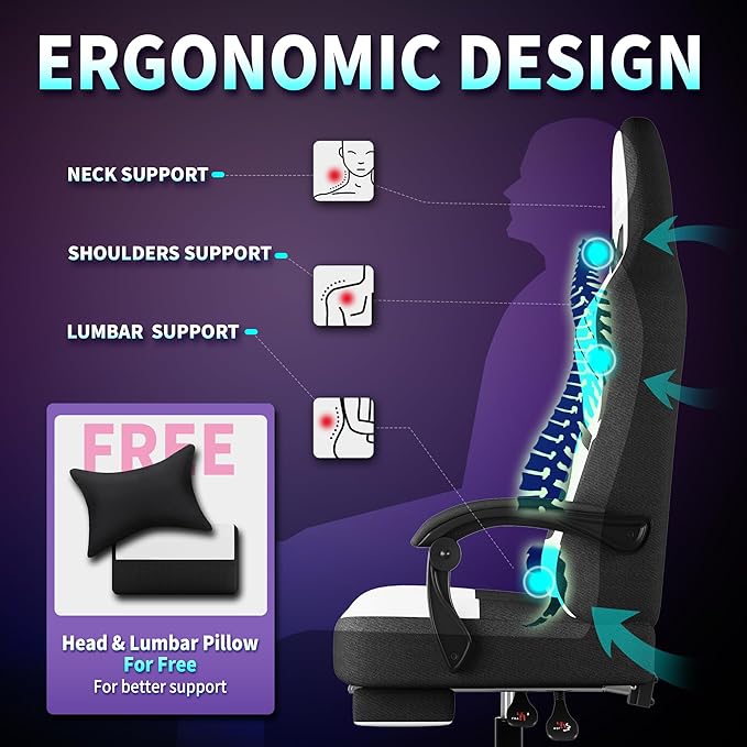 Gaming Chair Fabric Ergonomic Computer Chair with Footrest Video Gamer Chair with Pocket Spring CushionLinkage Armrests and Headrest Lumbar SupportSwivel Height Adjustable Office Chair for Adults