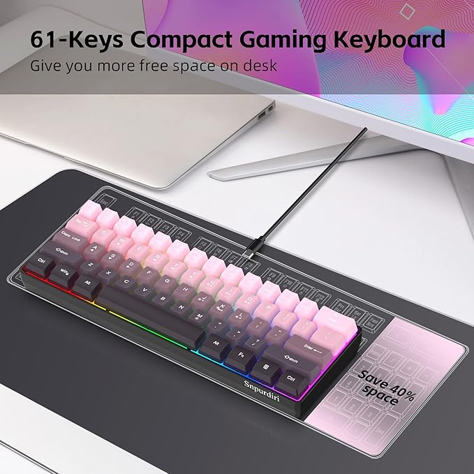 Snpurdiri 60% Wired Gaming Keyboard 61 Keys RGB Backlit Ultra-Compact Small Gaming Keyboard for PC/Mac Gamer Typist Travel Easy to Carry on Business Trip (Pink-Black)
