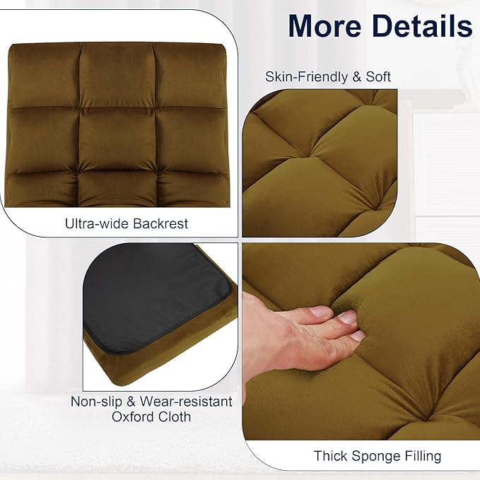 Floor Chair 24 inches Wide Oversized Velvet Armless Lay Flat Floor seat Padded Meditation Chair with 6 Adjustable Position Ergonomic Comfortable Convenient (Modern LRSF-014-TAN)