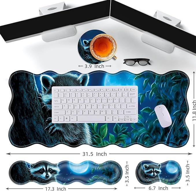 Large Gaming Mouse Pad Keyboard Wrist Rest Pad &amp Wrist Support Mousepad Set Stitched Edge Extended Non-Slip Base Memory Foam Desk Mat for Office HomeCute Raccoon