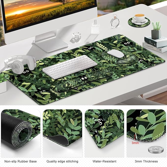 Large Desk Mat Cute Anime Cats Gaming Mouse Pad Desk Pad Protector XXL Mousepad + Keyboard Wrist Rest+Mouse Wrist Rest+Coaster Set with Ergonomic Desk Pad for Home Office PC Computer Green Leaves