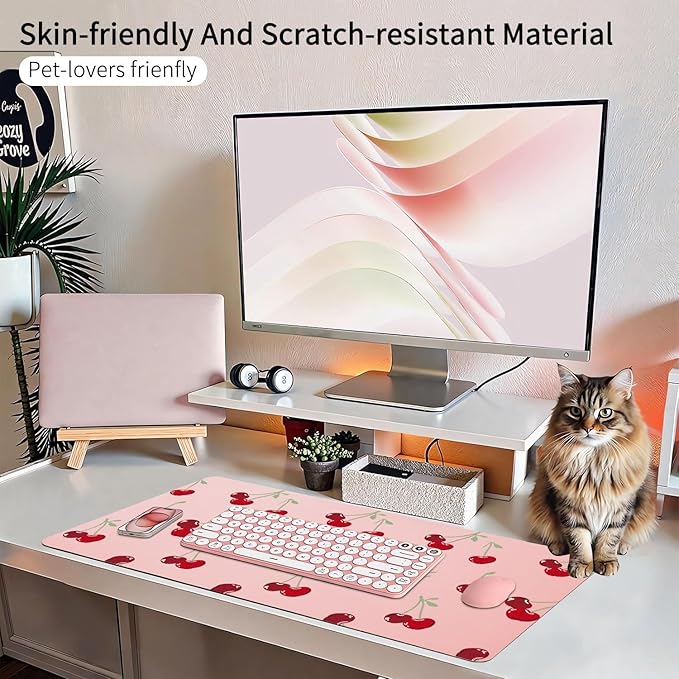 Cute Kawaii Cherry Office Desk Mat 23.6''X11.8''Pretty Design Desktop Mat Pu Leather Large Mouse Pad Aesthetic Mousepad Non-Slip Table Mat for Girls Women Home Work Computer Game
