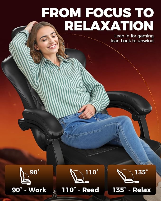 GTPLAYER Big and Tall Gaming Chair with Footrest Ergonomic Office Desk Chair with 4.4in Thick Cushion and Wide Wingless Seat Comfortable Leather Computer Chair Predator Series Black