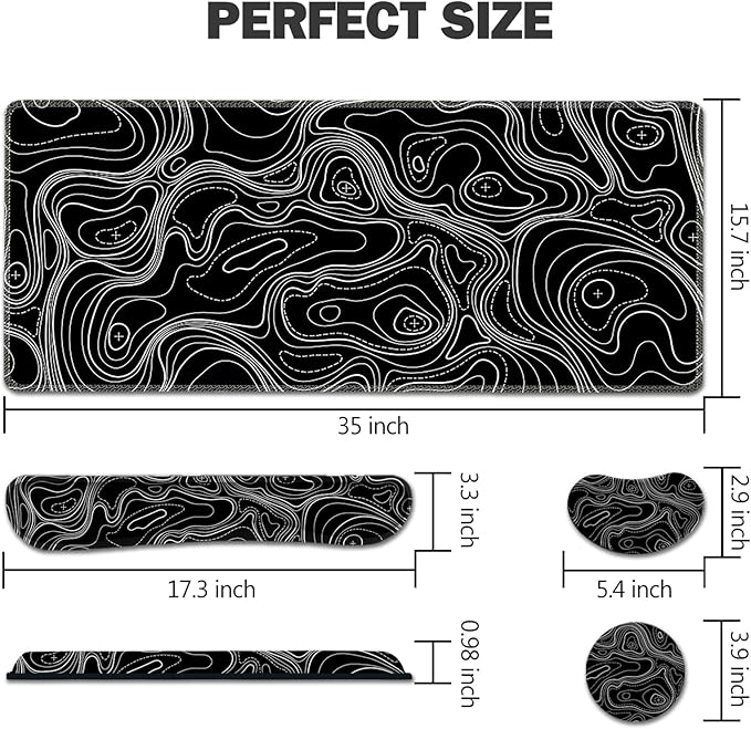 AIMSA Keyboard Mouse Pad Set Large Gaming Mouse Pad +Wrist Rest Mouse Pad +Keyboard Wrist Support +Coaster 35x15.7 inch Extended Desk Mat for Easy Typing Pain Relief (Black Topographic)