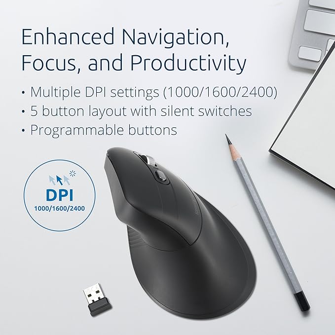 Kensington MY630 EQ Wireless Rechargeable Mouse Ergonomic Vertical Design Bluetooth LE 2.4GHz Black (K72484NA)