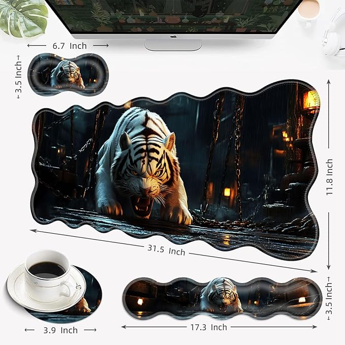 Desk Mat Mouse Pad with Wrist Rest 4-in-1 Large Mouse Pads for Desk Ergonomic Mouse Pad and Keyboard Wrist Rest Gaming Keyboard Mat for OfficeWhite Tiger