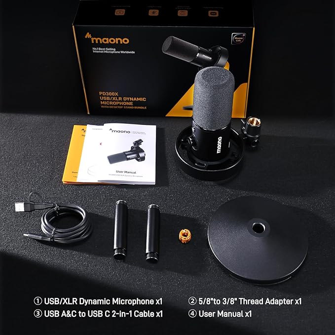 MAONO USB XLR Dynamic Microphone for Podcast: PC Computer Gaming Mic with 192kHz/24bit for Studio Recording Streaming Content Creation (PD300XT+BA37)