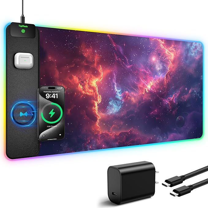 TopMade Wireless Charging Mouse Pad RGB Gaming Mousepad Home Office Desk Pad 31.5” x 15.8” Large Desk Mat Waterproof Keyboard Pad Galaxy Nebula (Includes 20W PD Power Adapter &amp 6.56ft Woven Ca