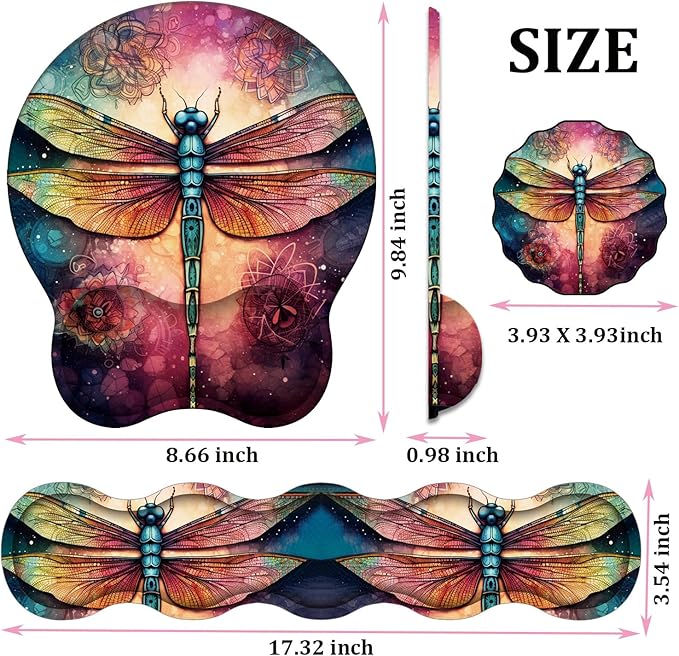Mouse Wrist Rest and Keyboard Wrist Rest Pad+ Coaster Set Non-Slip Rubber Base Smooth Surface Ergonomic Gaming Mouse Pad for Easy Typing and Pain Relief Mandala Dragonfly