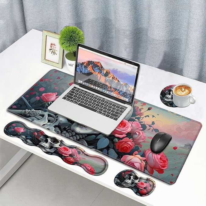 4 in 1 Ergonomic Memory Foam Mouse Pad Wrist Rest Set Large XXL Gaming Desk Pad + Keyboard Wrist Rest + Mouse Wrist Cushion + Coaster for Home Office Study Gaming Skull Roses