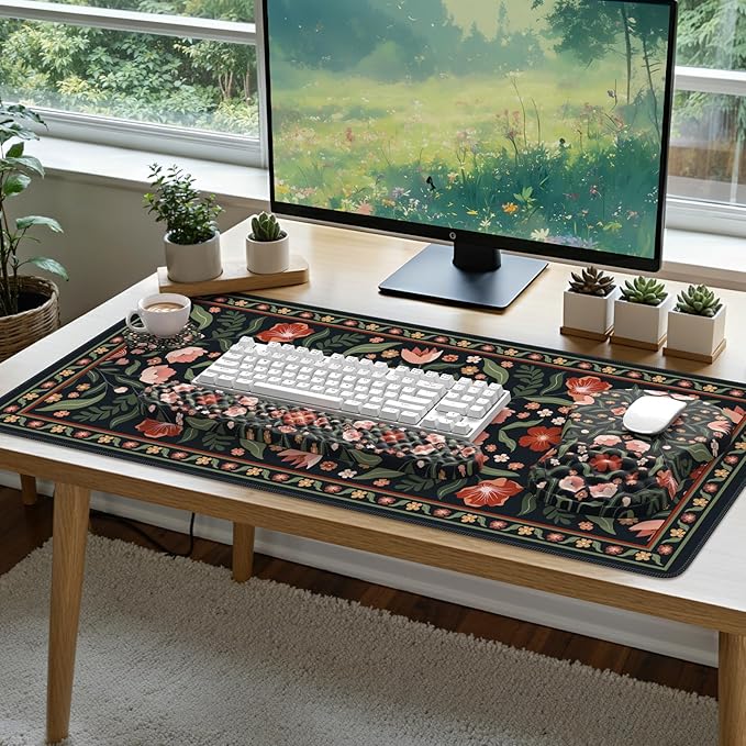 Keyboard Mouse Pad Set Floral Desk Wrist Pad Comfortable Keyboard Wrist Rest and Coaster Non-Slip Table Decor Desk Accessories for Women