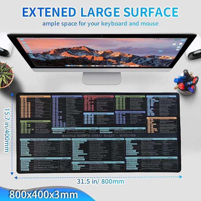 Google Sheet Cheat Sheet Mouse Pad Large Mousepad Shortcuts for Google Excel Spreadsheet Gaming Pad for Desk 31.5”x15.7” Waterproof Anti Slip Keyboard Pad Mac (80x40CM)