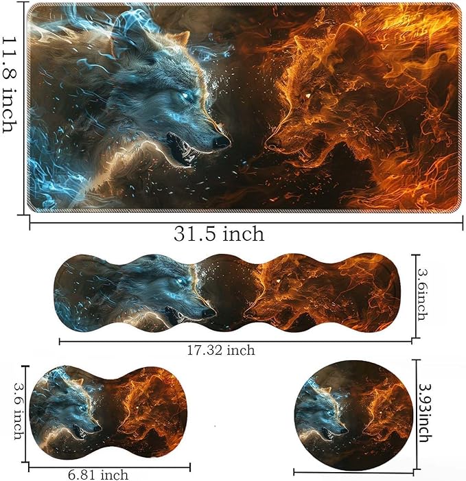 Keyboard Mouse Pad SetLarge Desk Pad+Keyboard Wrist Rest+Mouse Pad Wrist Support+CoasterEasy Typing Pain Relief Non-Slip Mousepad Wrist Support Mousepad Set Home OfficeFire with Ice Wolf