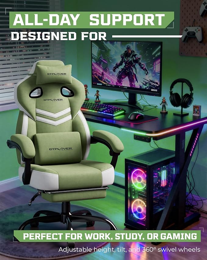 GTPLAYER Gaming Chair Computer Chair with Footrest and Lumbar Support for Adults 360°-Swivel Big &amp Tall Reclining Seat for Office or Gaming (Green)