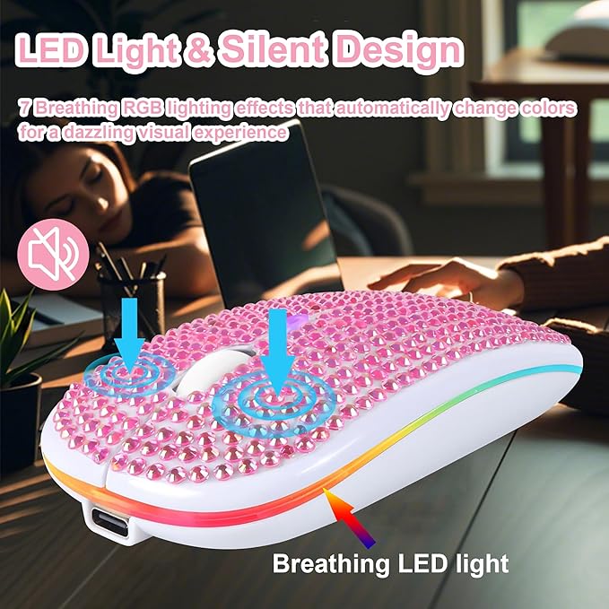 Wireless Mouse Bluetooth Cute Pink Bling Crystal Rhinestone Computer Mice with LED Light 2.4GHz &amp Bluetooth Dual Mode Rechargeable Silent USB Cordless Mouse for Laptop PC Tablet Phone Kids Adults