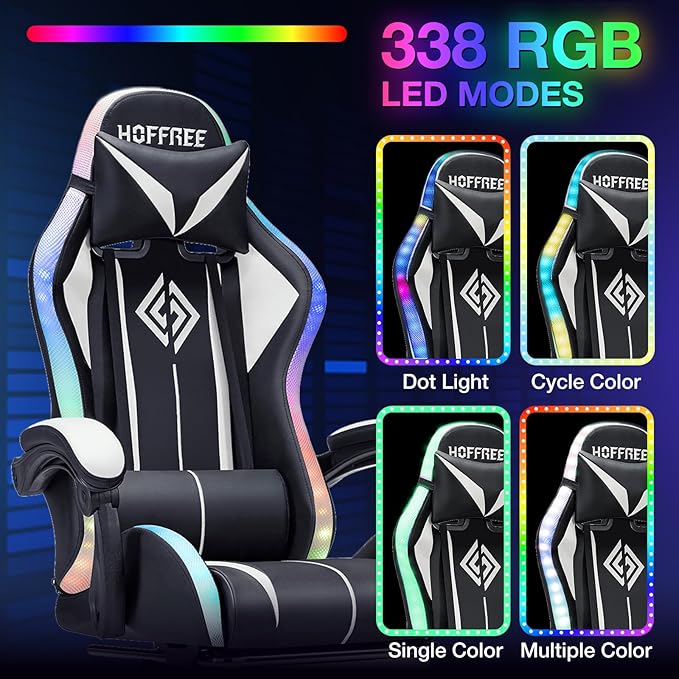 HOFFREE RGB Gaming Chair with Speakers Massage Computer Gaming Chair with LED Lights and Footrest High Back Video Game Chair for Adults White and Black