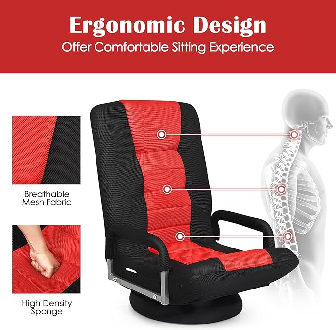 ERGOMASTER 360 Degree Swivel Video Gaming Floor Chair w/Armrests Adjustable 6-Position Folding Floor Chair Padded Backrest for Game Reading (Black/Red)