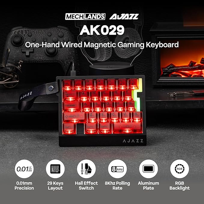 MechLands AJAZZ AK029 One Handed Gaming Keyboard 8Khz Polling 29 Keys Rapid Fast Wired Keyboard SOCD &amp DKS Magnetic Switch Adjustable Actuation RGB Backlits Aluminum Plate (Red Transparent)