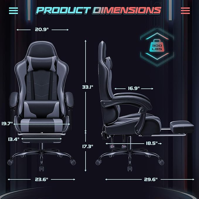 JUMMICO Gaming Chair Ergonomic Computer Chair with Footrest and Massage Lumbar Support Height Adjustable Video Gaming Chair with 360° Swivel Seat and Headrest (Grey)
