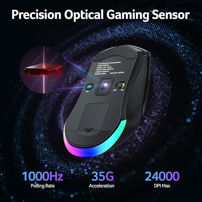 acer Wireless Gaming Mouse for Laptop 24000 DPI Wired Computer Mouse with 8 Programmable Buttons Left &amp Right Hand Rechargable Gaming Mice Long Battery Life RGB Lighting Gamer for PC Deskto