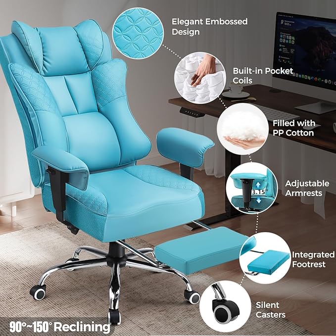 GTPLAYER Big and Tall Office Chair 400LBS Wide Ergonomic Gaming Chair with Deluxe Embossing Designed Leather with Foot Rest150°Reclining Adjustable Soft Armrests Pocket Spring Back Support and Pillow
