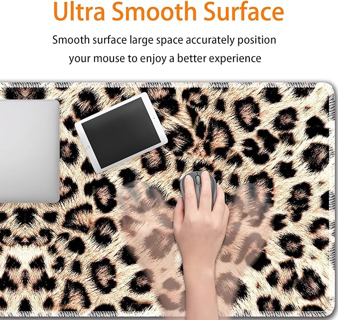 Durable Desk Mat + Wrist Rest Pad + Coasters Set Large Gaming Office Mouse Pad 31.5 x 11.8 Extended Non-Slip Rubber Keyboard Pad Laptop &amp Home Leopard Print Pattern