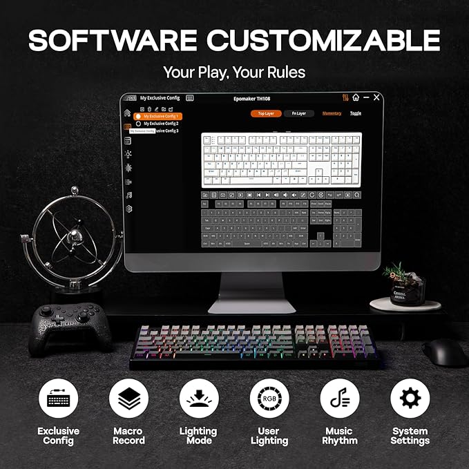 EPOMAKER TH108 Full Size Mechanical Keyboard Wireless Gaming Keyboard with 8000mAh Battery Creamy Gasket 108 Keys Hot Swap Custom Driver RGB Backlight (Black Creamy Jade)
