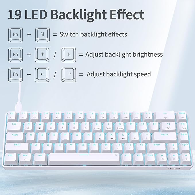 TMKB T68SE 60% Mechanical Gaming Keyboard – Ultra-Compact 68 Keys Wired Keyboard with Blue Switches LED Backlit Dedicated Arrow &amp Control Keys – White – for Windows PC/Laptop/Gamers/Typists