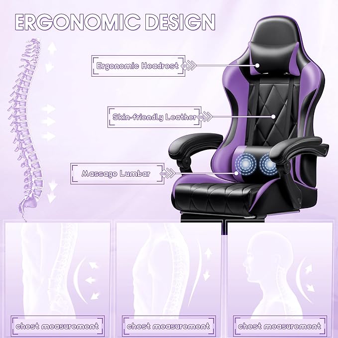 Shahoo Gaming Chair with Footrest and Massage Lumbar Support Ergonomic Office Computer Seat Height Adjustable with Headrest Purple