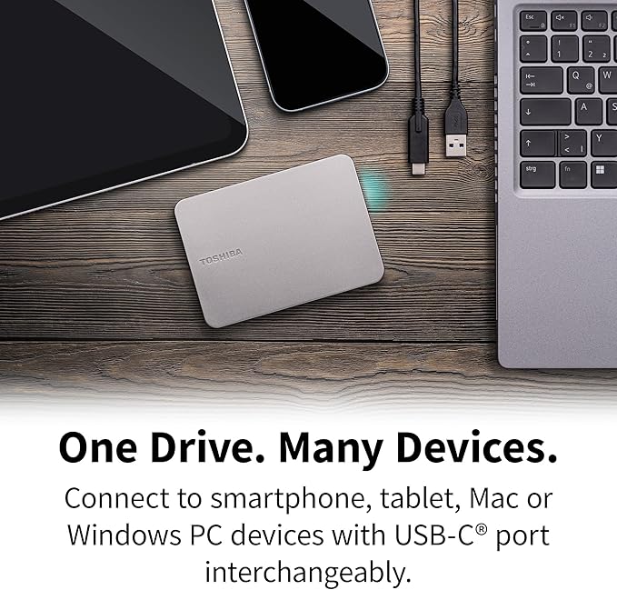 Toshiba Canvio Flex 1TB – Portable 2.5’’ External Hard Drive (HDD) for Mac Windows PC Smartphone and Tablet Use Compatible with Most USB-C and USB-A Devices Warm Silver (HDTX210ESCAA)