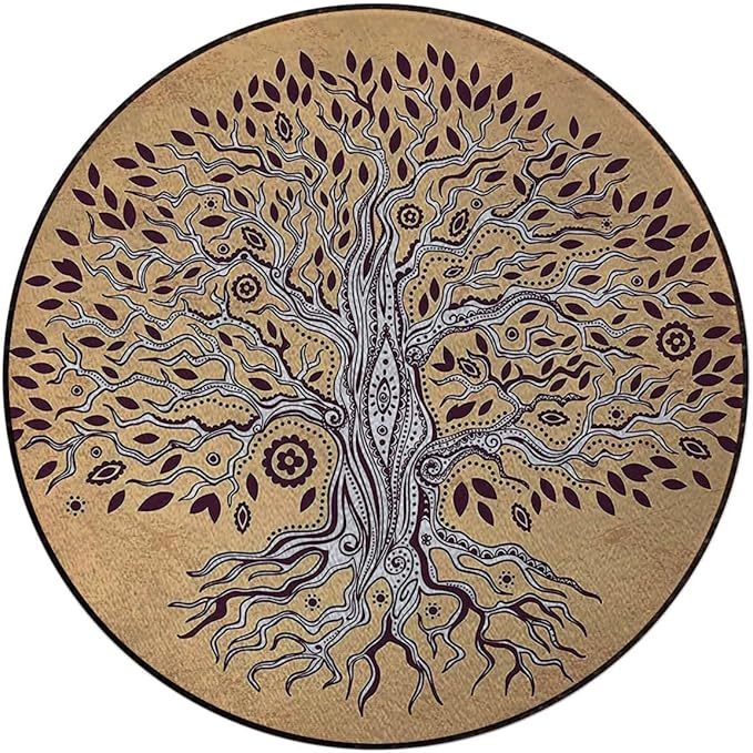 Cream BrownRound Area Rug Swivel Chair Mats Vintage Modern Graphic of an Aged Plant Under Computer Desk Floor Protector for Rolling Chairs Non Slip Anti Scratches Tree of Life Diameter 35.5 in