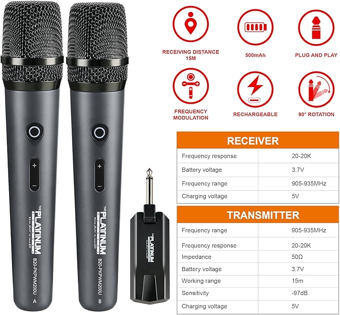 The Platinum Wireless Microphone for mic Input UHF Metal Dynamic Handheld Multipurpose mic with Rechargeable Receiver 160ft Range Suitable for Karaoke Machine/Amplifier Speake/Mixer/Church