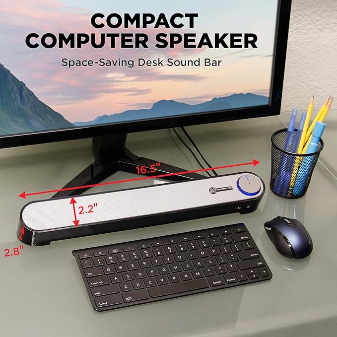 GOgroove Computer Speaker Mini Soundbar - USB Powered PC Sound Bar with Easy Setup Wired AUX Stereo Audio Microphone Port Volume Control Knob Under Monitor Design for Desktop (Black)