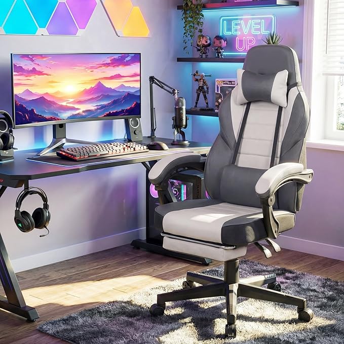 Giantex Gaming Chair Ergonomic Video Game Chair w/Footrest Lumbar Support Headrest Reclining Backrest &amp Linkage Armrests Height Adjustable 360° Swivel Computer Desk Chair for Home Office (Gre