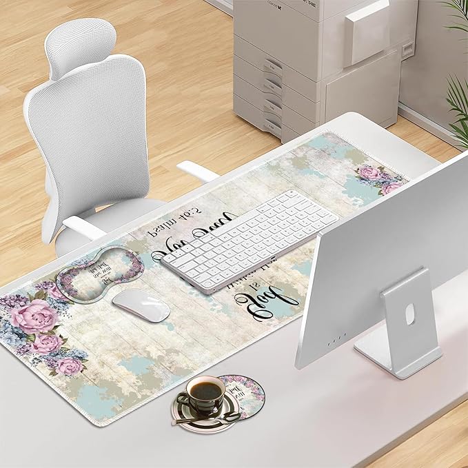 3-in-1 Large Mouse Pad Gaming Set (31.5 x 11.8 inch)+ Wrist Rest Pad + Coaster Memory Foam Gel Wrist Rest Pad for Pain Relief Stitched Edges Non-Slip Table Mat Psalm 46:5 Floral