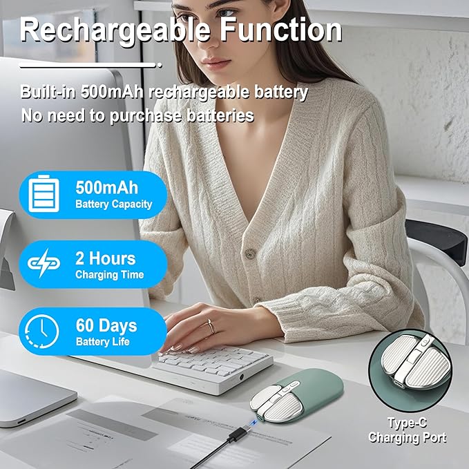 Wireless Mouse Bluetooth Cute Ultra Slim Silent Computer Mice with USB Receiver Dual-Mode 2.4G &amp Bluetooth Rechargeable Portable USB Cordless Mouse for Laptop PC Desktop Tablet Kids Adults Gift G